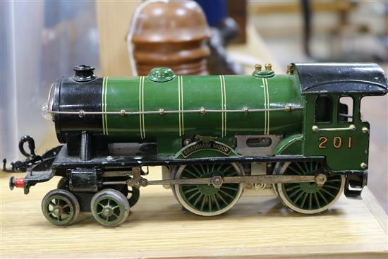 Hornby O gauge electric Bramham Moor 201 locomotive, a Bassett-Loewke buffer, transformer and a quantity of electric 0 gauge track
